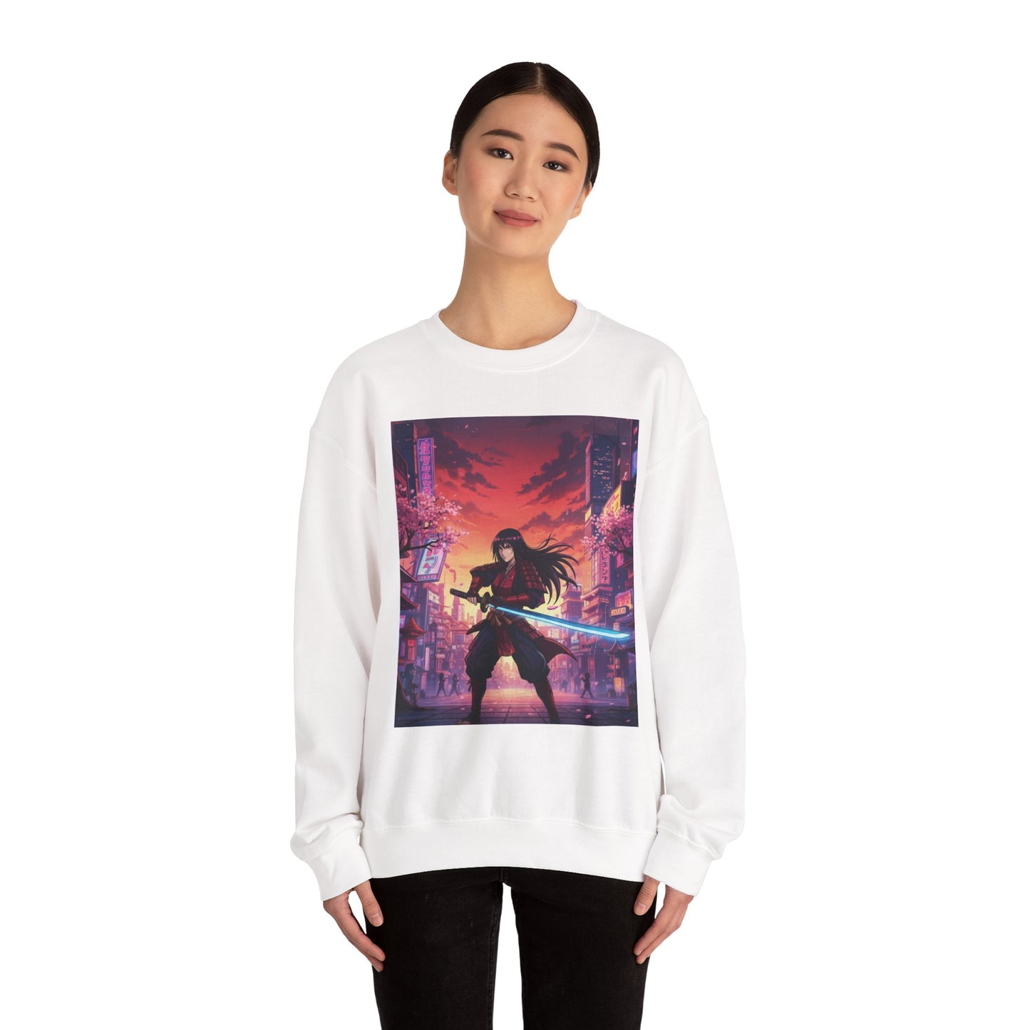 Samurai Neon-City Rundhals-Sweatshirt — Cyberpunk Schwertkrieger Grafik