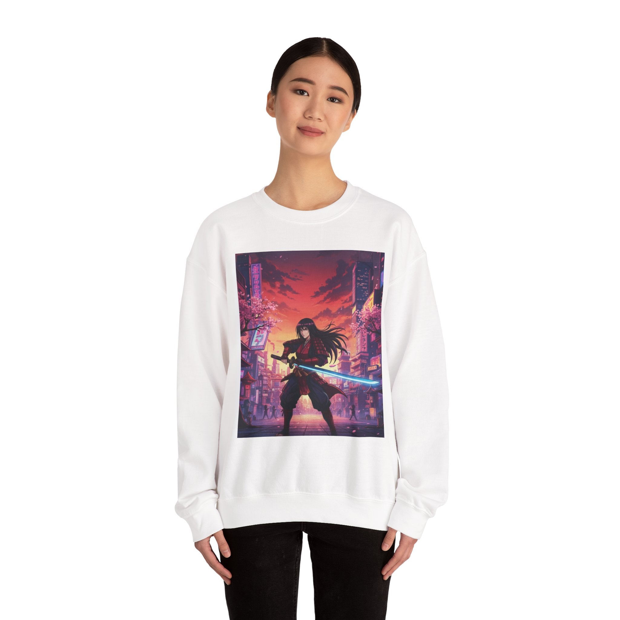 Samurai Neon City Crewneck Sweatshirt — Cyberpunk Sword Warrior Graphic