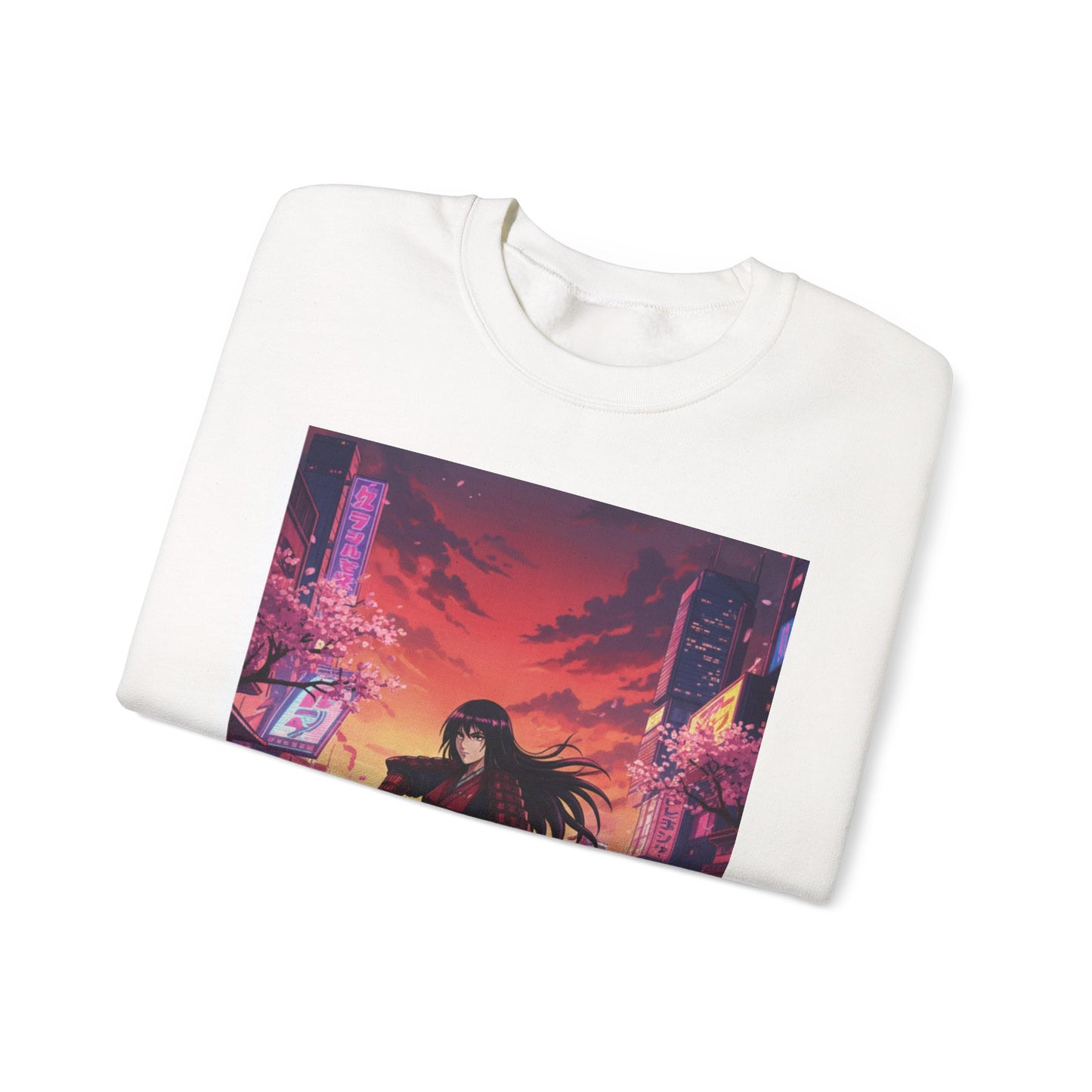 Samurai Neon-City Rundhals-Sweatshirt — Cyberpunk Schwertkrieger Grafik