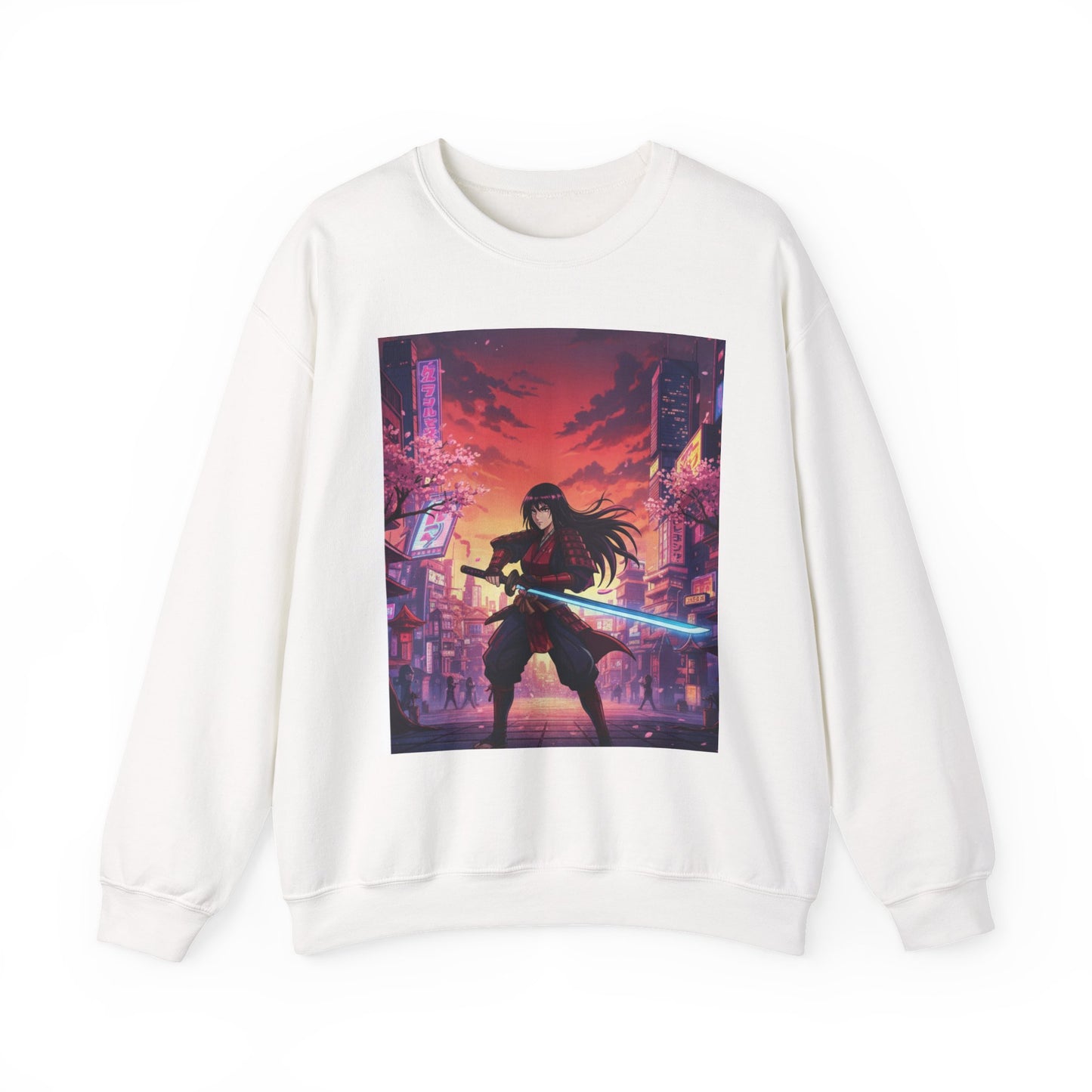 Samurai Neon-City Rundhals-Sweatshirt — Cyberpunk Schwertkrieger Grafik