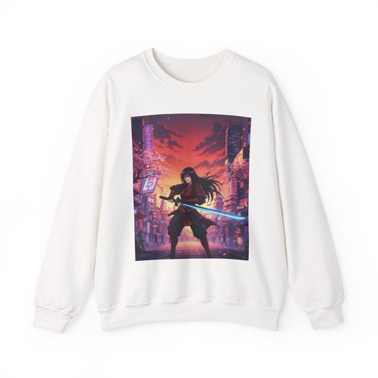 Samurai Neon-City Rundhals-Sweatshirt — Cyberpunk Schwertkrieger Grafik